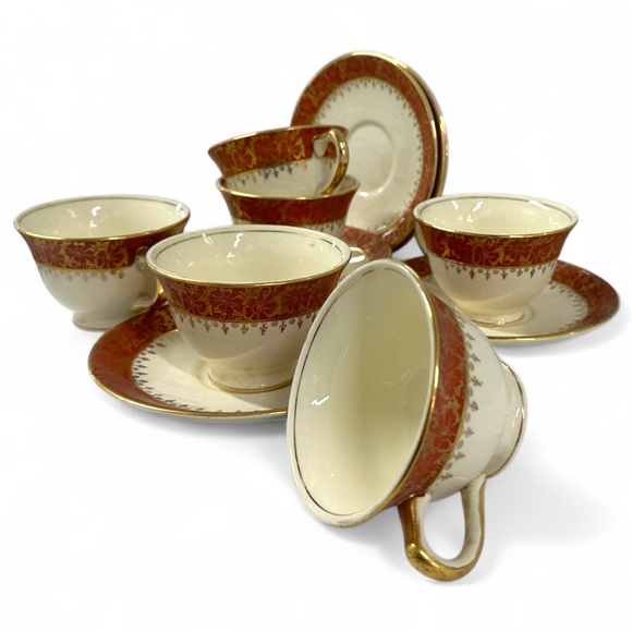 Vintage Eastern China USA Red & 22K Gold Floral Teacups with Saucers Set of 6 - Picture 1 of 11